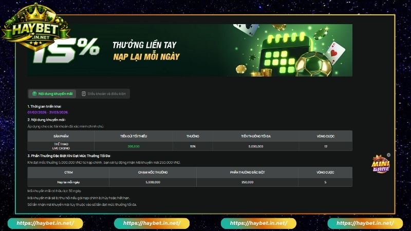 Những thông tin cần biết về thưởng nạp lại tại HayBet